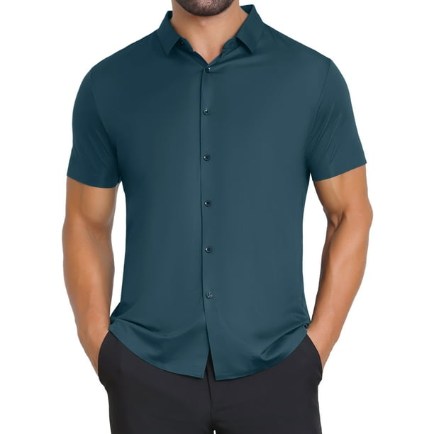 CAMISAS DE NEGOCIO DE MANGA CORTA DE COLOR SÓLIDO PARA HOMBRES CON CUELLO PUNTA Y BOTONES L VERDE OSCURO