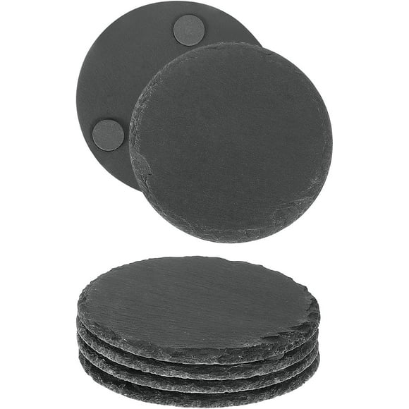 6pcs Round Slate Drink Coasters, 4 In Black Slate Stone Coasters with Anti-Scratch Bottom, Bar Coasters Cup Coaster for Kitchen Drinks Table Bar Home