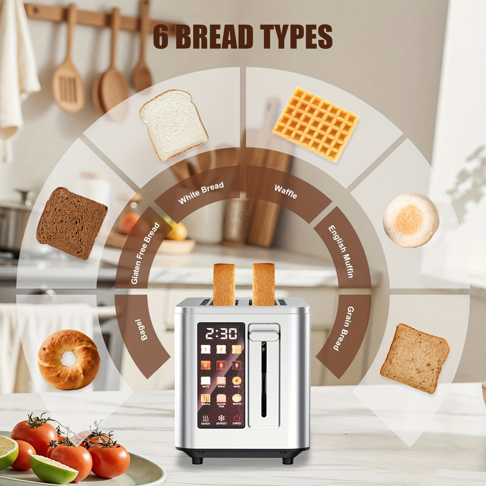 2-Slice Smart Toaster with Touchscreen, Long Slots, Stainless Steel