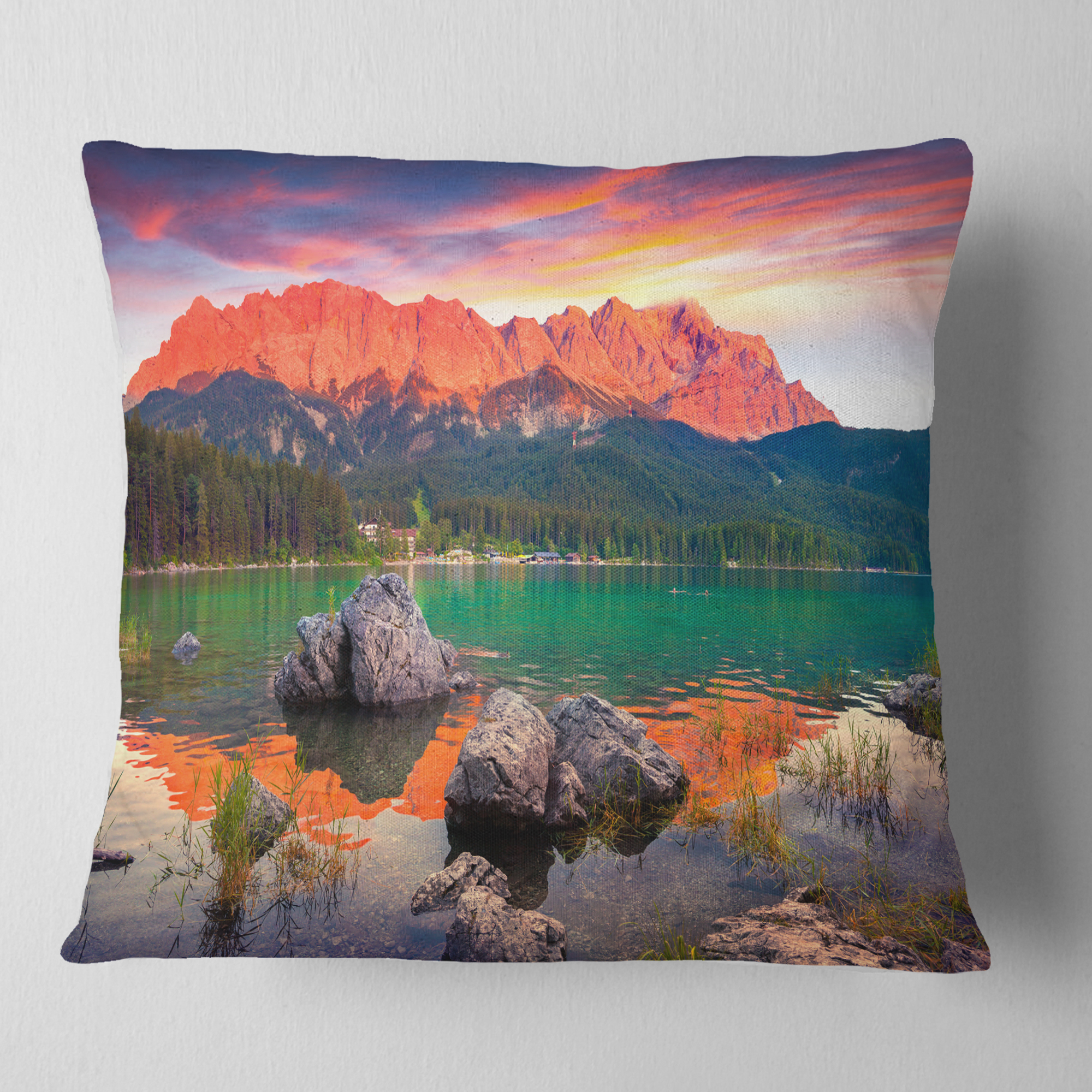 Designart Colorful Eibsee Lake Sunset - Landscape Photo Throw Pillow - 18x18