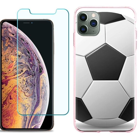 For Apple iPhone 11 Pro Max Case , Slim-Fit TPU Protective Phone Case (Pink Bezel) with Tempered Glass Screen Protector, by OneToughShield ® - Soccer