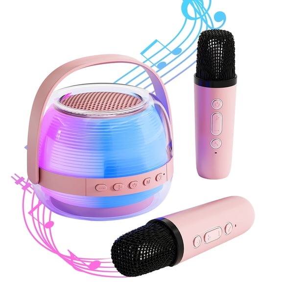 Karaoke System with 2 Wireless Mics, USB Rechargeable, LED Lights, Portable Speaker for Home Party, Birthday, Christmas Gift
