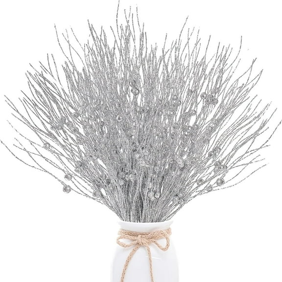 Topboutique Artificial Glitter Berry, Christmas Glitter Picks Silver Artificial Berries Stems Ornaments Decorative Sticks for Xmas Tree Vases DIY Wreath Home Winter Decor (17)