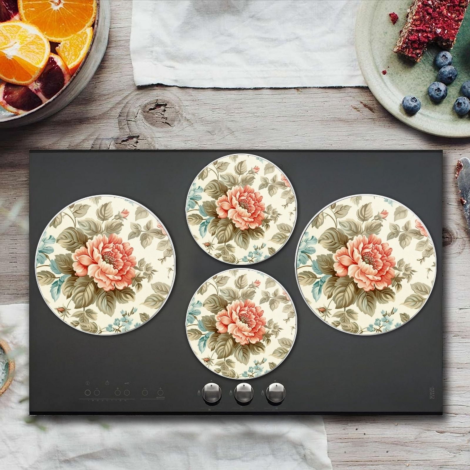 BaHomeck Electric Stove Burner Covers Set of 4,Round Metal Gas Stove Burner Covers 8 Inch and 10 Inch,Kitchen Decor,Rococo Floral Pattern With Soft Colors