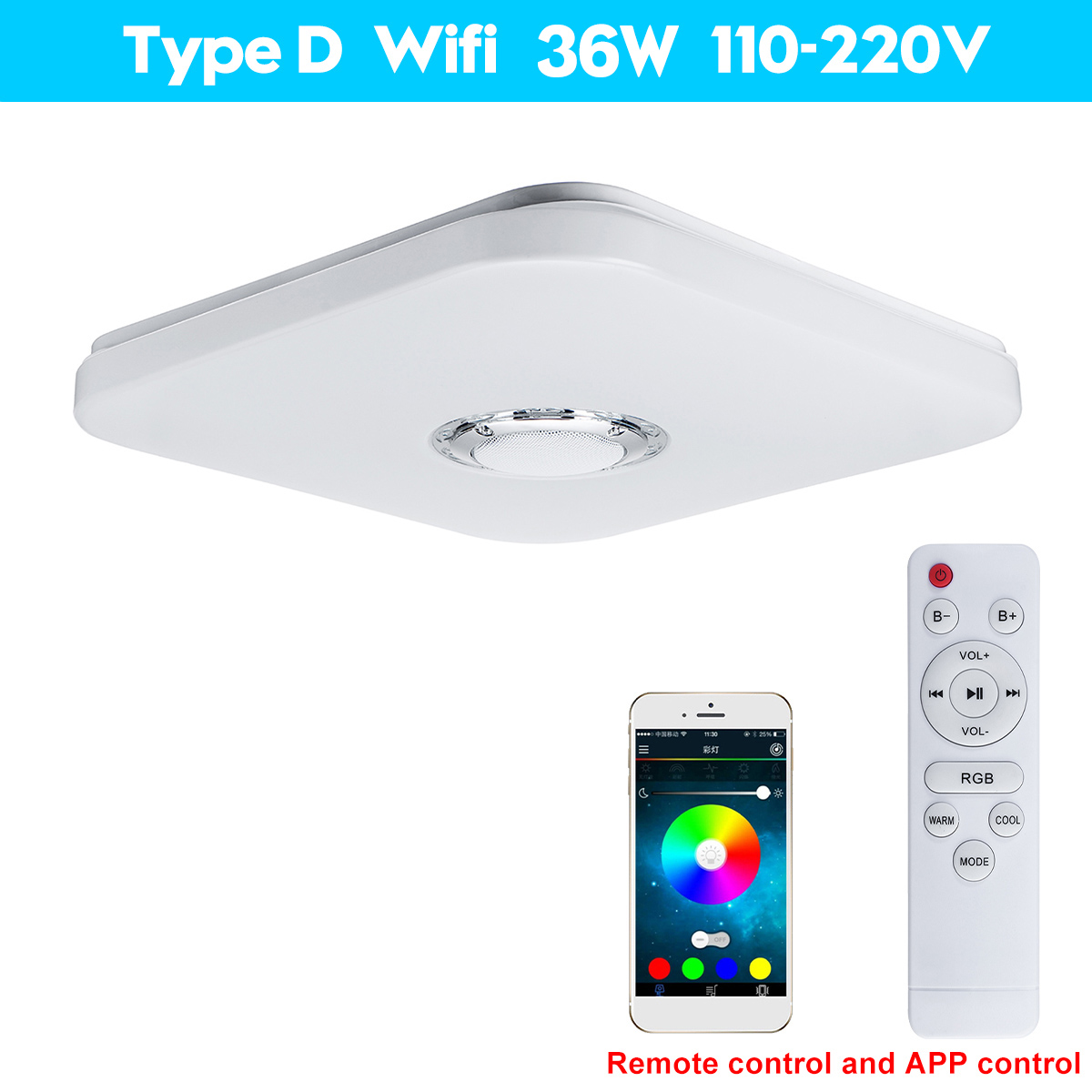72W WiFi Smart LED Ceiling Light, RGB bluetooth Music Speaker Dimmable