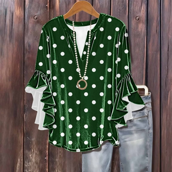 HongQid Womens Plus Size Tops 3/4 Sleeve Ruffle Sleeve V Neck T Shirts Loose Fit Three Quarter Length Blouses Dressy Casual Loose Tops