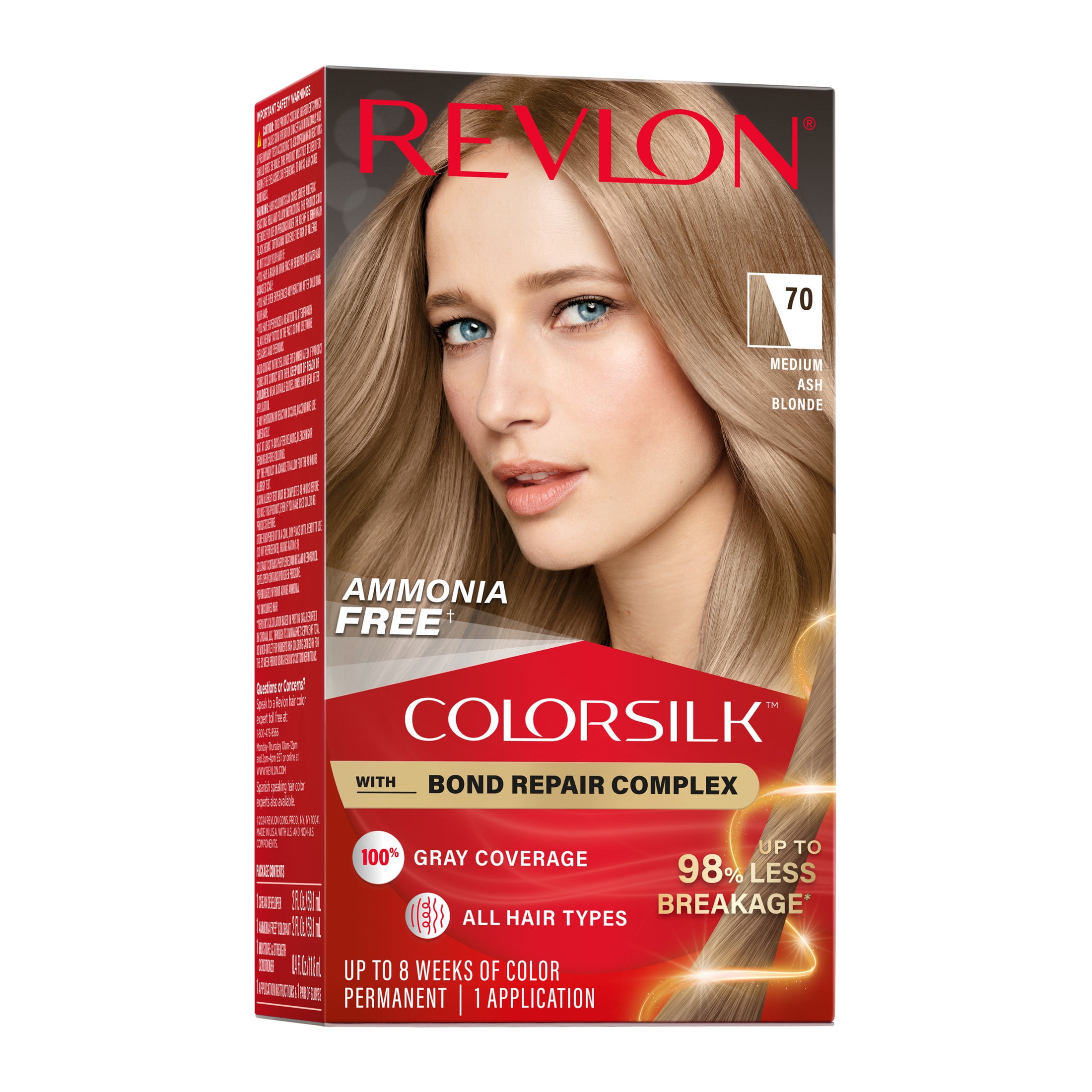 (3 pack) Revlon ColorSilk Permanent Hair Color, Bond Repair Complex, 70 Medium Ash Blonde, 1 pack