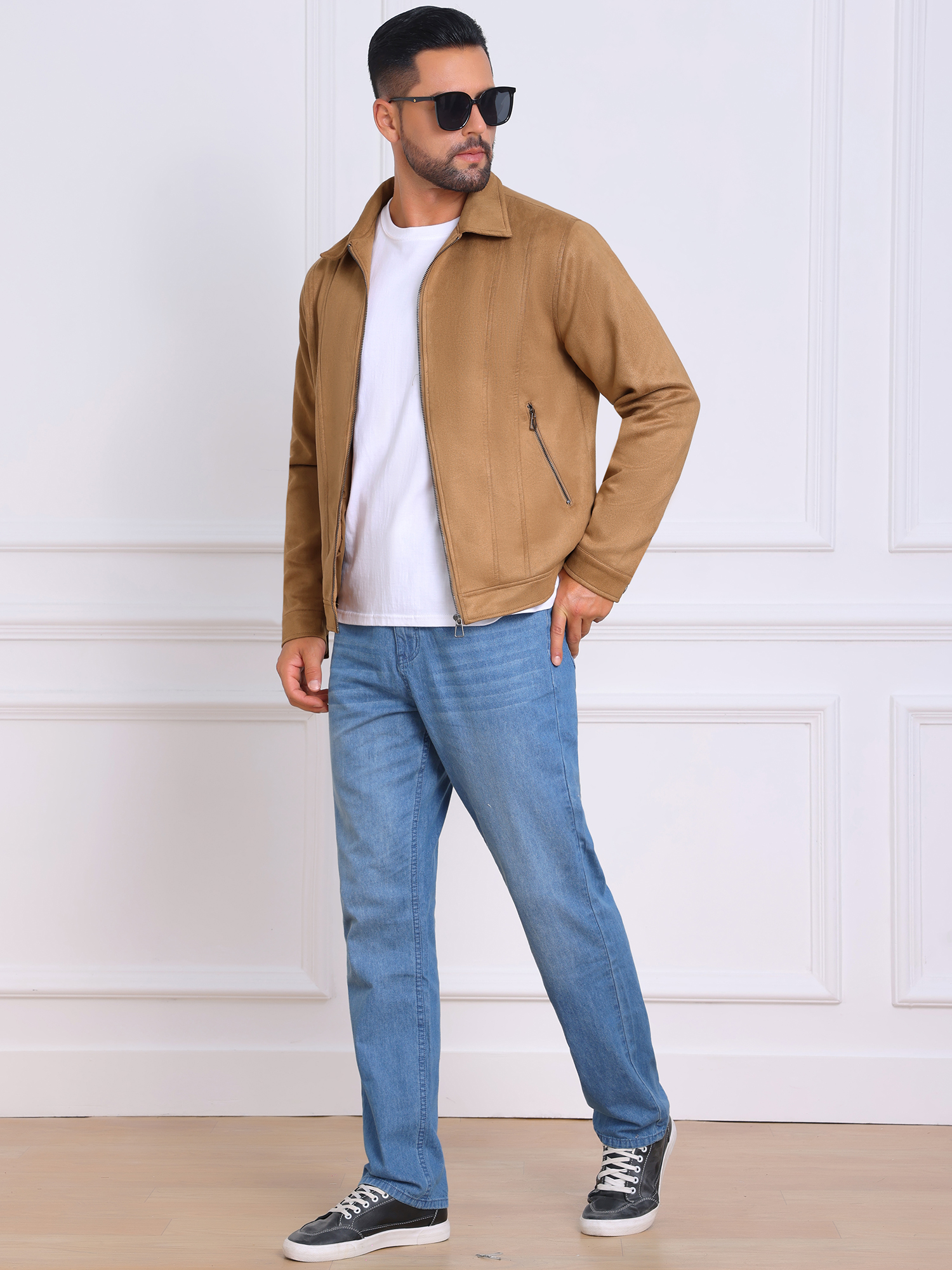 DARING DIVA Men's Collared Zipper Outdoor Wear Vintage Suede Jacket S Khaki