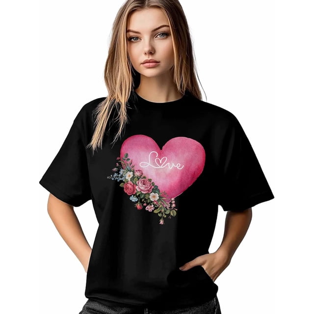 Women's T-Shirt,Short Sleeve Tee Shirts Casual Tops Valentines Day Flower Love Heart Crewneck T Shirt for Women