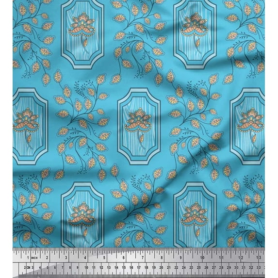 Soimoi Cotton Duck Fabric Leaves & Floral Artistic Printed Fabric 1 Yard 56 Inch Wide