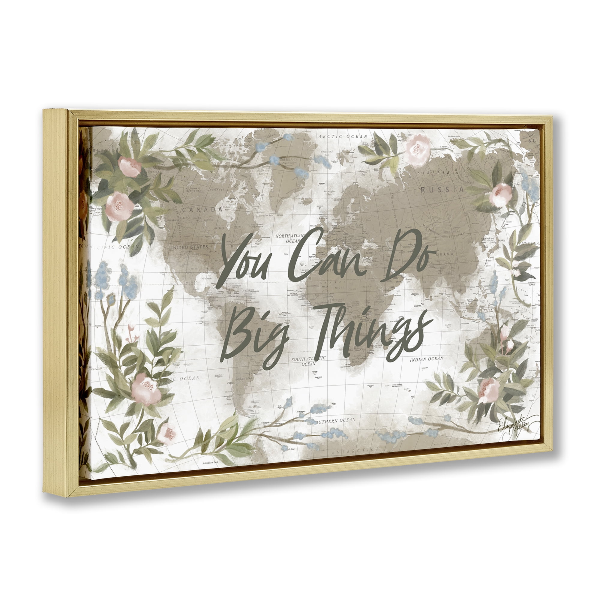 Stupell Industries Inspirational Floral Map Plants & Flowers Painting Gold Floater Framed Canvas Art Print Wall Art, 31 x 21
