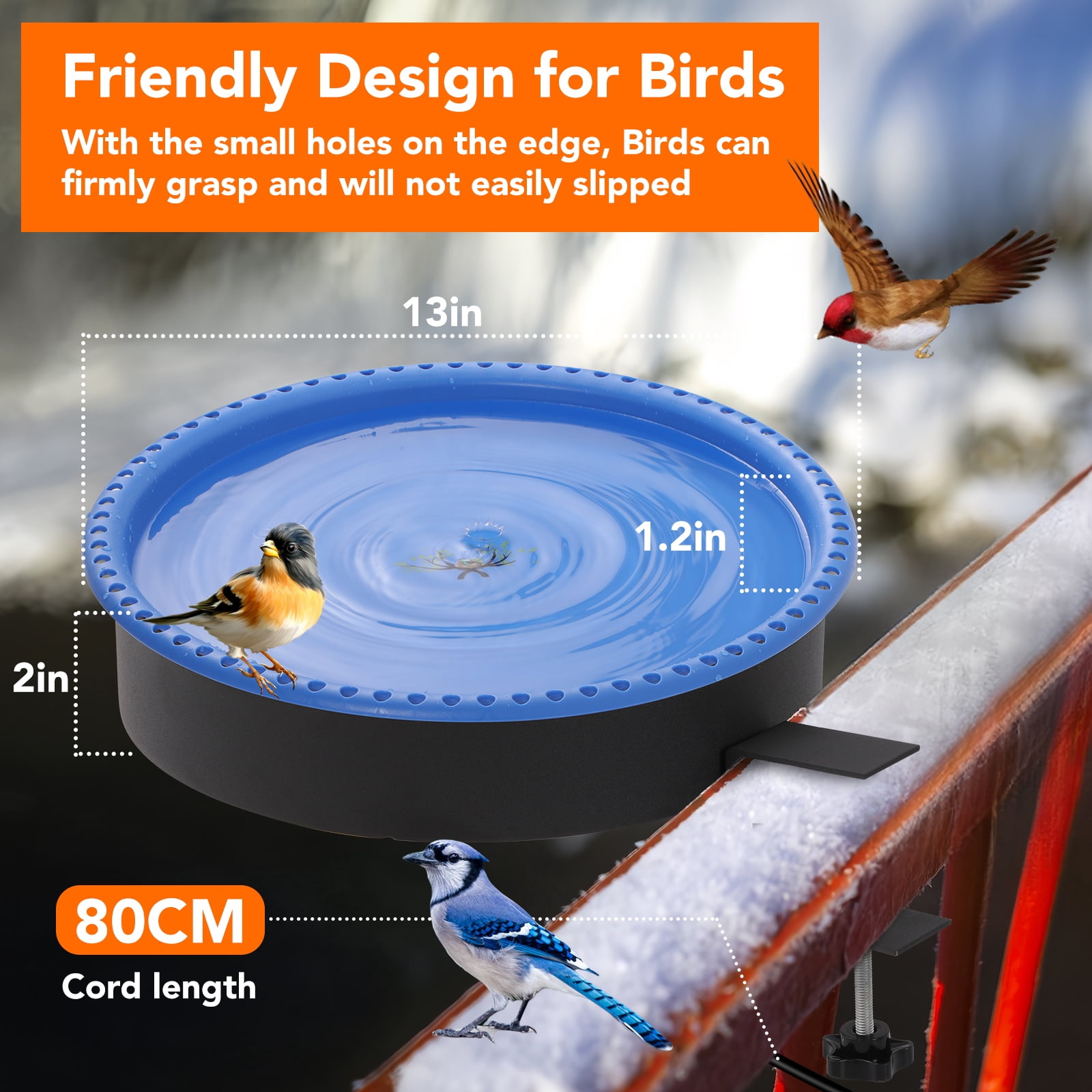 2 in 1 Heated Bird Bath for Outdoors for Winter,75W Bird Bath Heater with Thermostatically Controlled，Heated Bird Bath for Deck Railing for All Seasons Outdoor Garden Yard Patio Lawn(Blue)