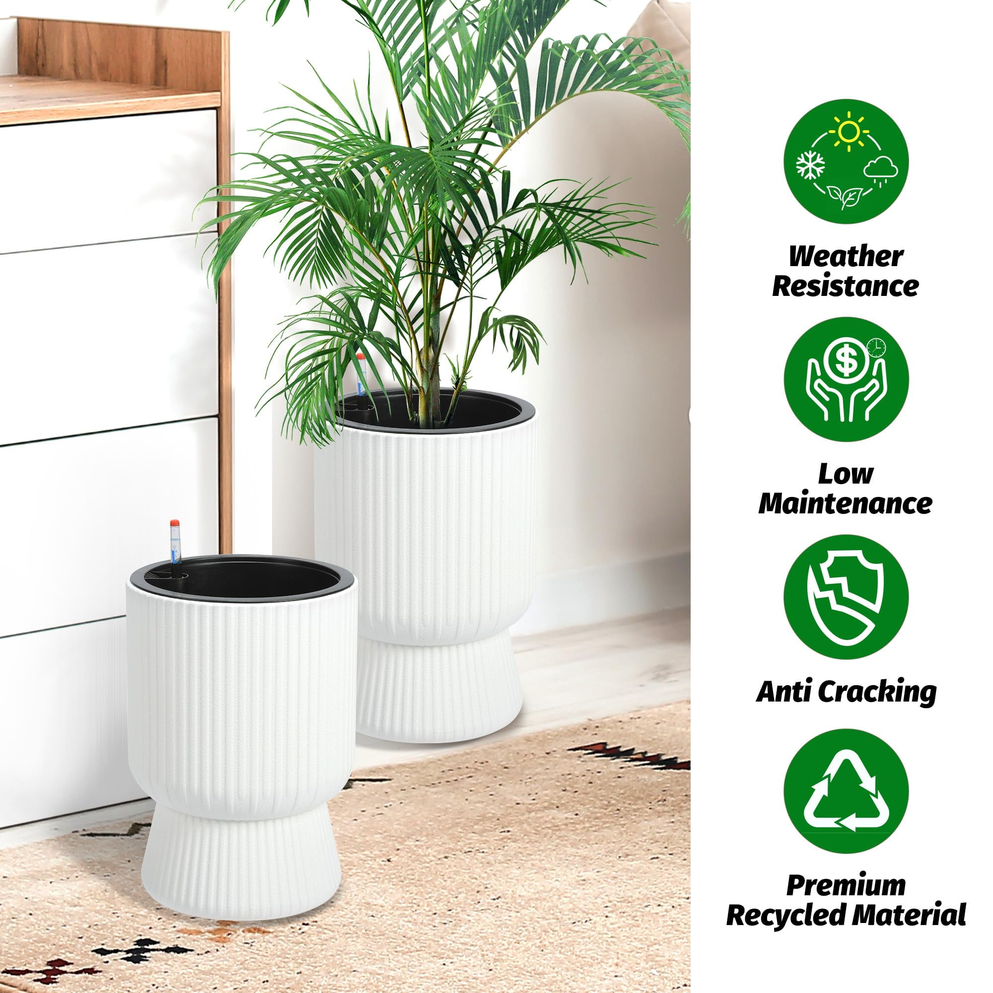 Kojooin 14.2" Planters Set of 2 – Self Watering Flower Pots with Drainage Holes & Water Level Monitor for Patio, Home, Office, Porch, Living Room