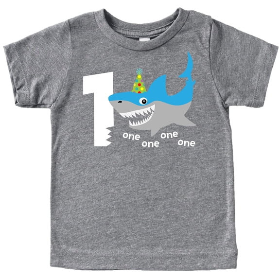 Shark 1st Birthday Shirt for Baby Boys Shark Themed First Birthday Outfit Granite Heather Short Sleeve Shirt