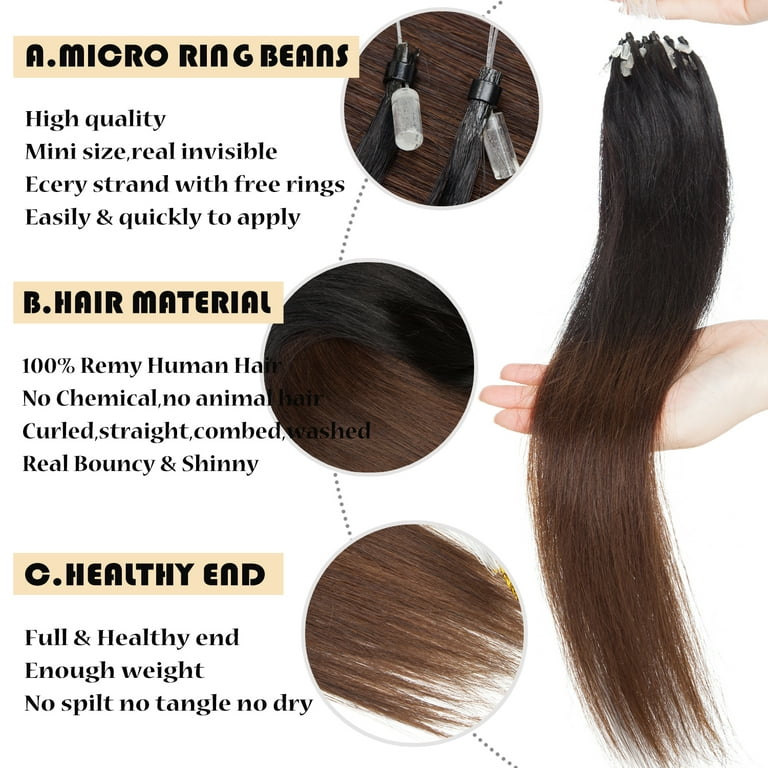 Benehair 100g Micro Ring Human Hair Extensions Micro Ring Beads 100% Remy  Hair Extension Micro Link Hair Ombre Brown 1g/s Easy Loop In 16-24 