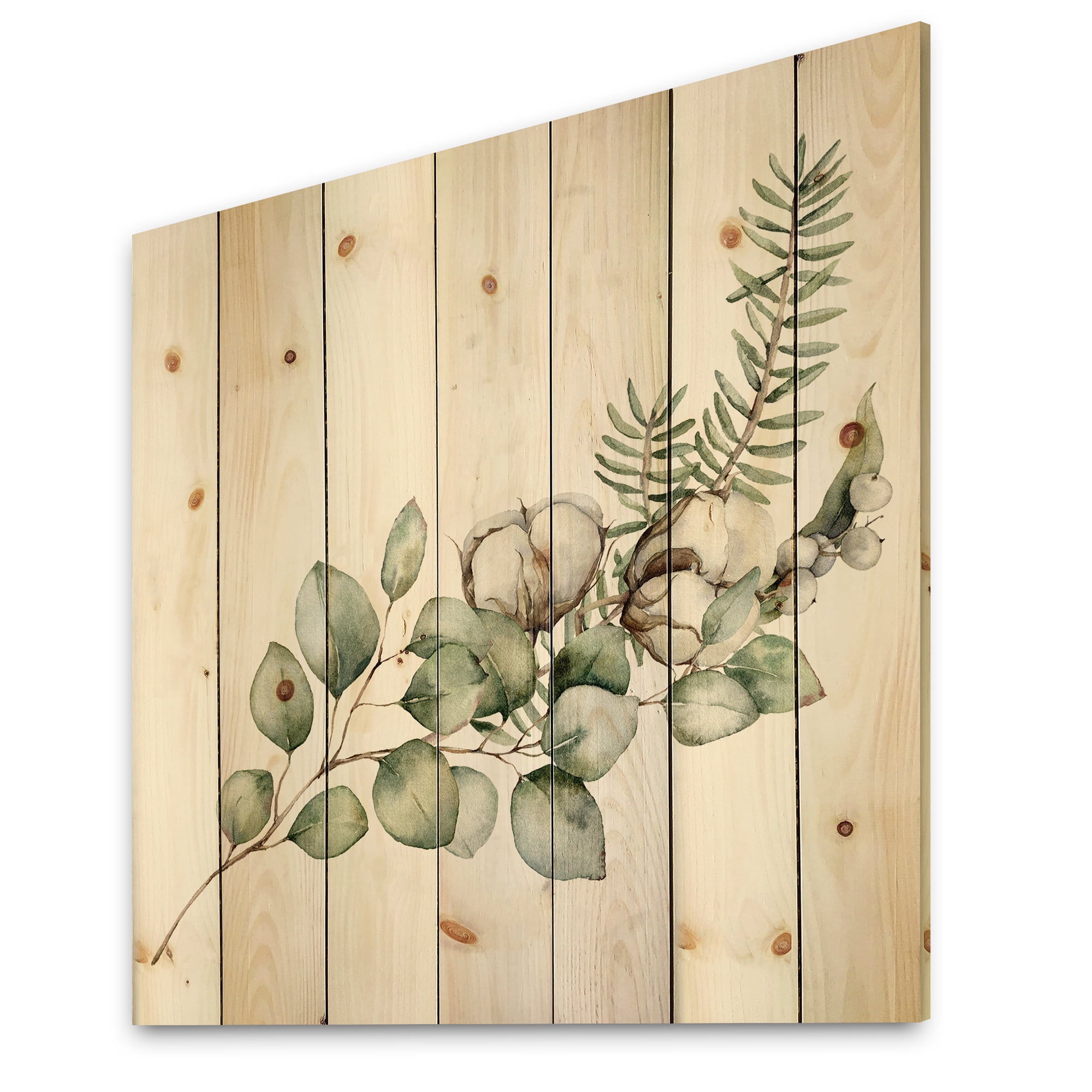 Designart 'Eucalyptus Branches With Christmas Bouquet' Traditional Print on Natural Pine Wood