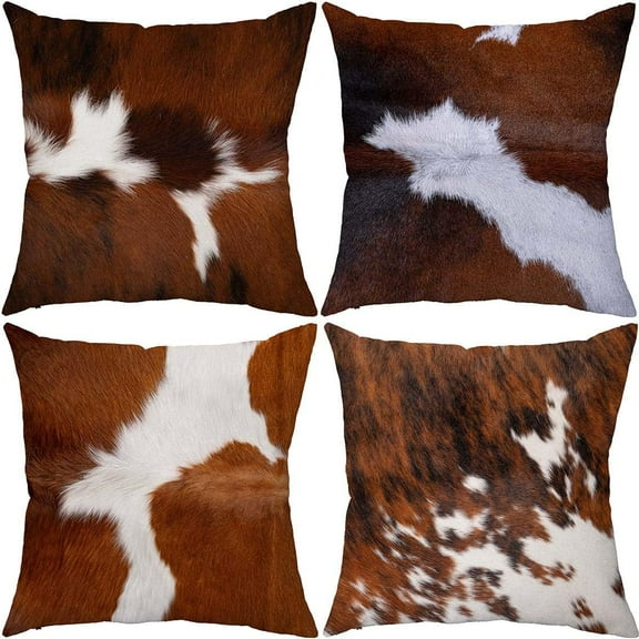 Set of 4,Brown White Cowhide Pattern Decorative Throw Pillow Cover Rustic Animal Skin Pillowcase Farmhouse Cozy Cushion Case Decor for Sofa Couch Bed 18"x18"/45x45cm