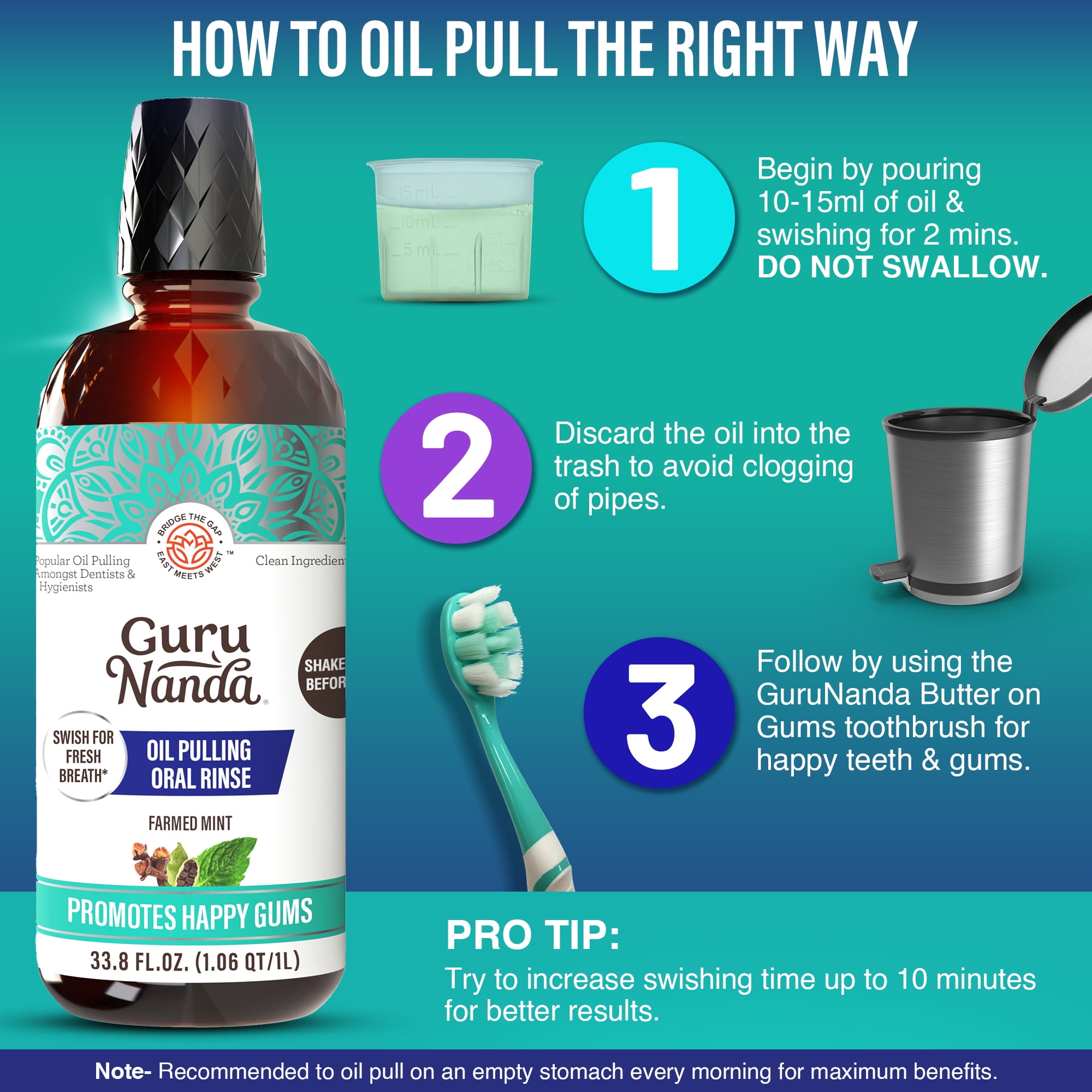 GuruNanda CocoMint Oil Pulling Natural Mouthwash with Essential Oils & Vitamins D3,E,K2 - 1L