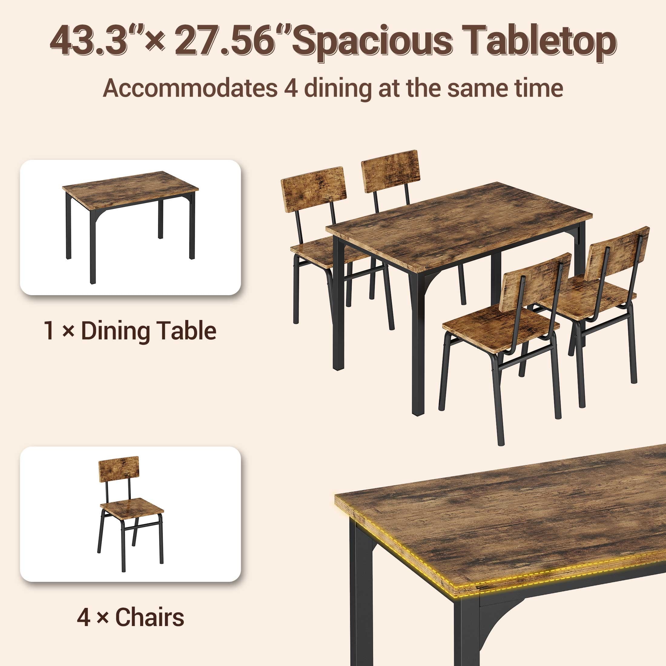 PAPROOS Dining Table Set for 4, Farmhouse Rectangle Wood Kitchen Table with 4 Wood Chairs, Dining Room Set for Breakfast Nook, Small Places, Restaurant, Brown