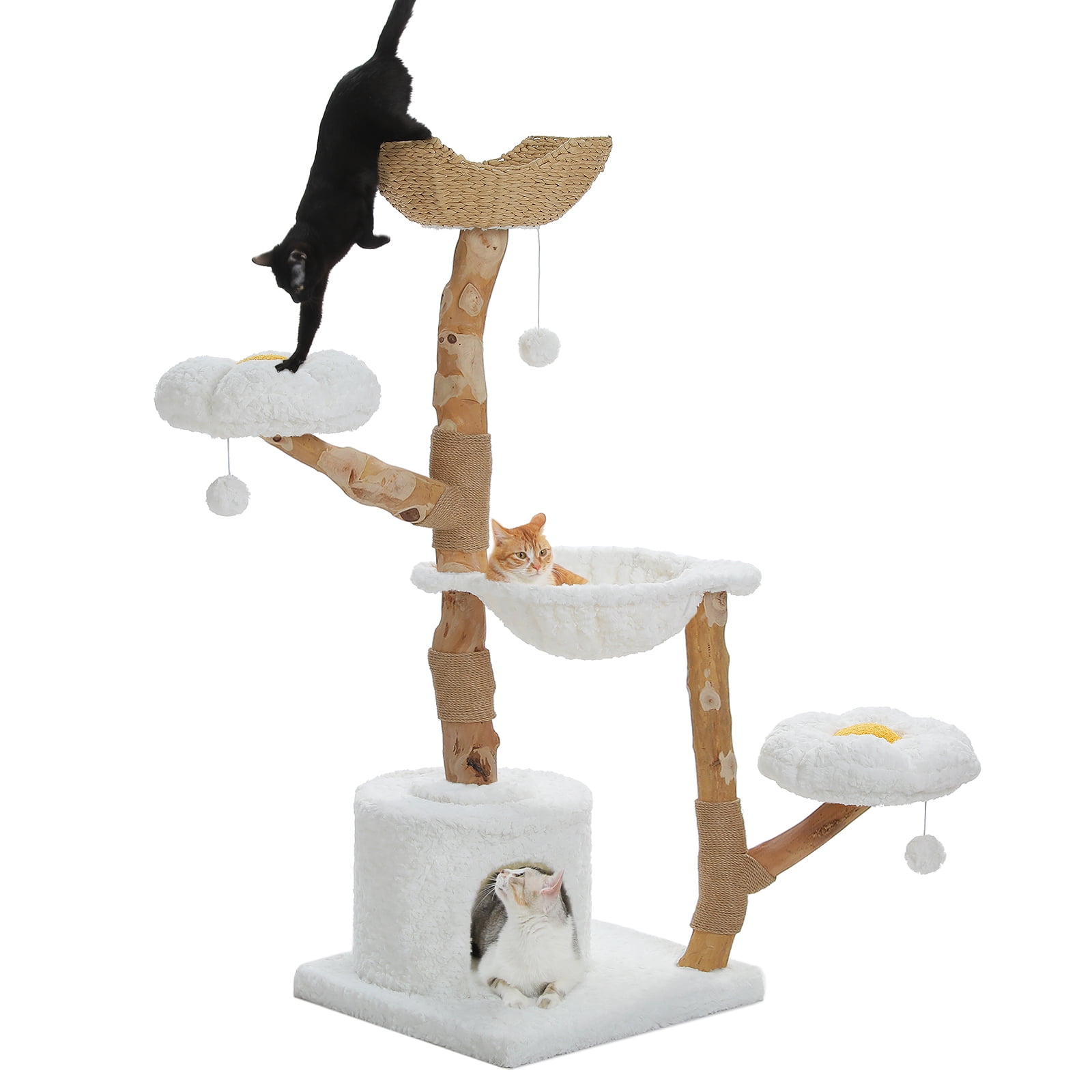 PAWZ Road 59" Modern Cat Tree Natural Branch Cat Tower Luxury Furniture with Scratching Posts for Large Cats, White