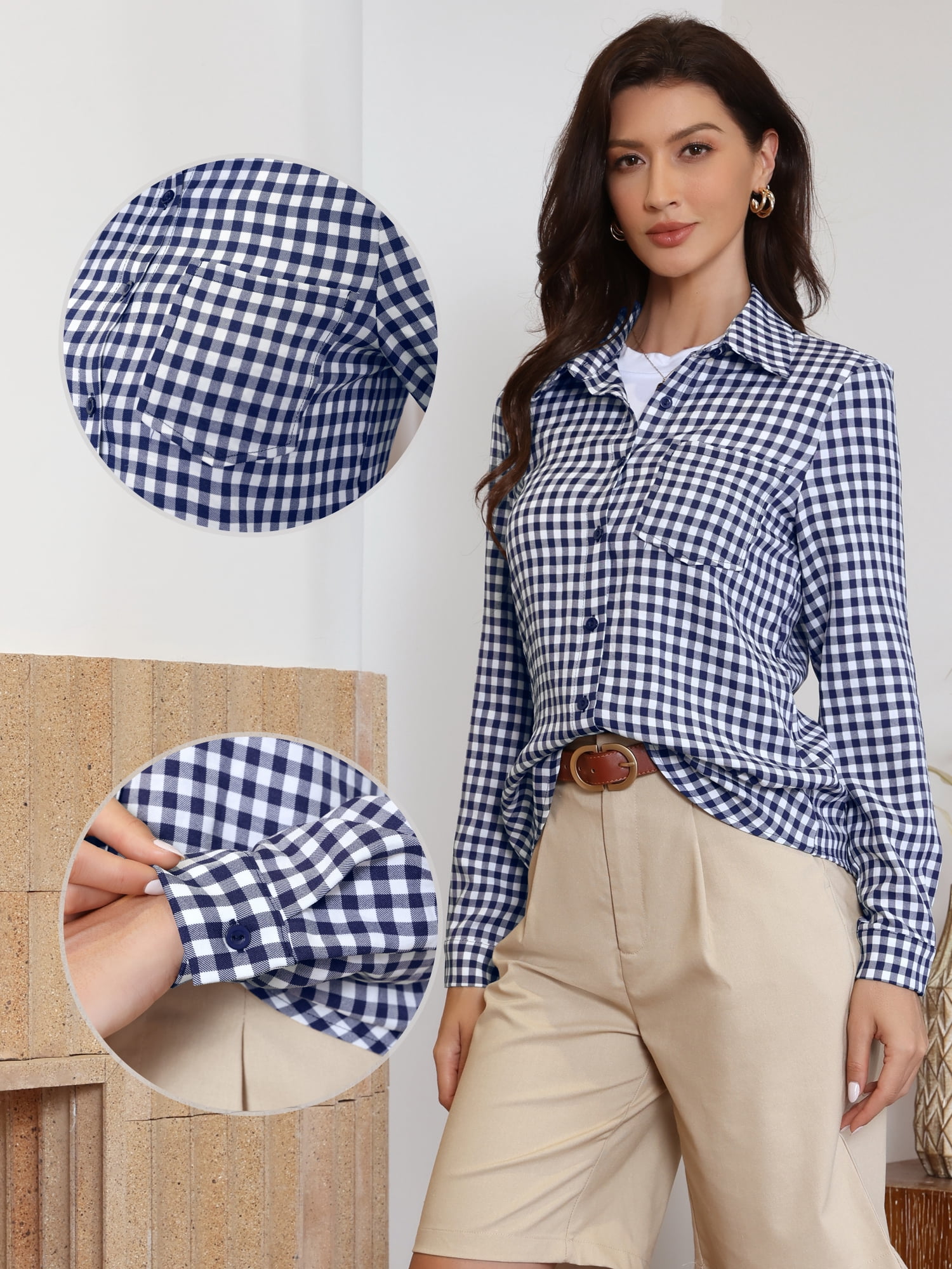 DARING DIVA Women's Plaid Button Down Long Sleeve Collared Gingham Work Blouse L Blue