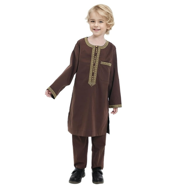 Fgnfyis Costume de Robe à Manches Longues Rondes pour Garçons Musulmans Costume Musulman Costume Brodé pour Adolescents Garçons Tenue d'Extérieur pour Enfants Arabes Tenues pour Garçons Marron 6-7 Ans