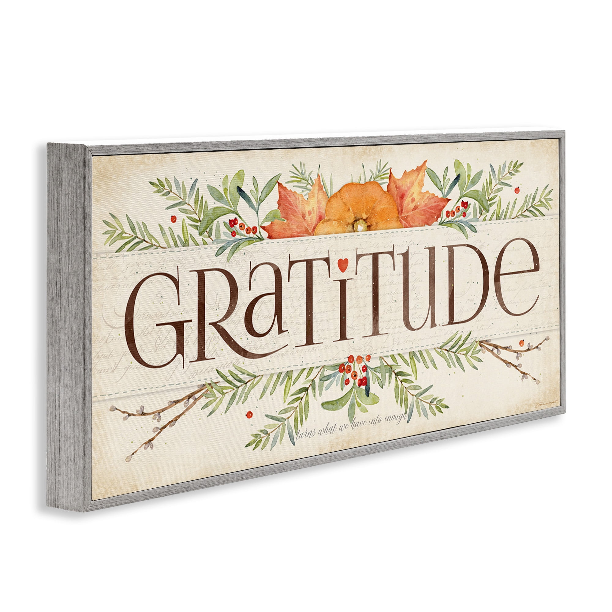 Stupell Industries Seasonal Gratitude Floral Leaves Typography Painting Gray Framed Art Print Wall Art, 30 x 13