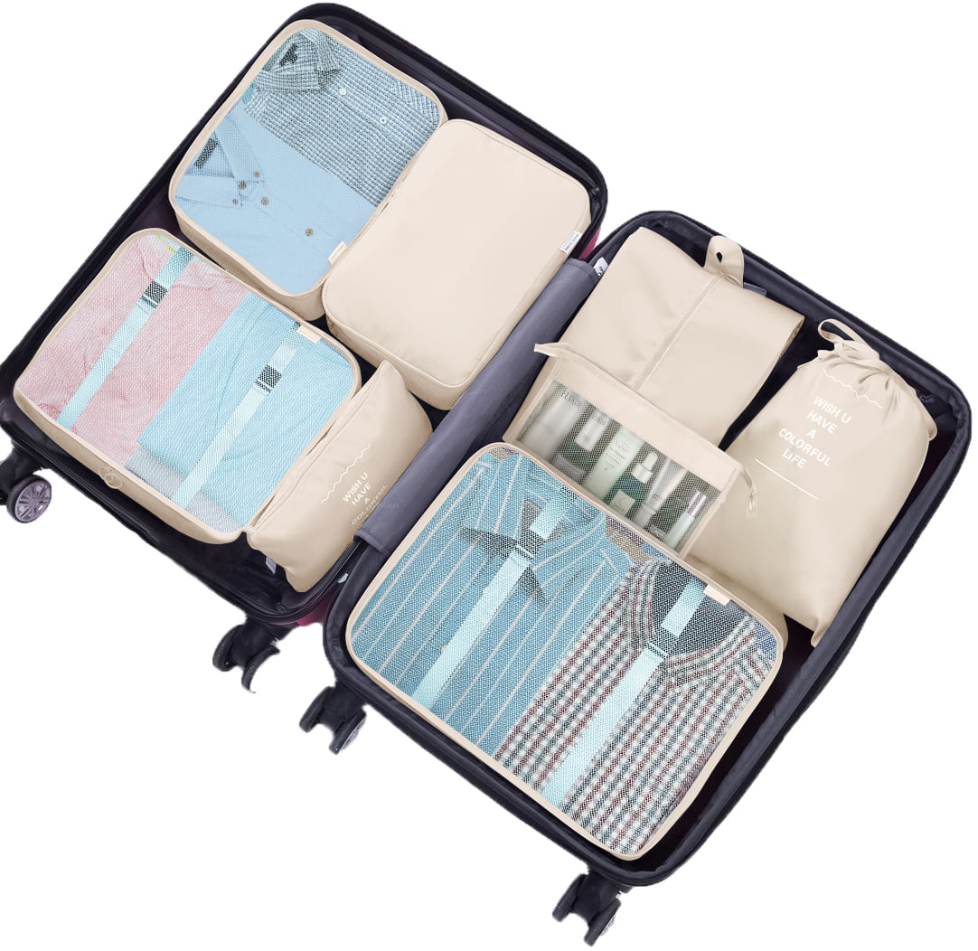 Koovon Packing Cubes for Travel, 8Pcs Travel Cubes Set Foldable Suitcase  Organizer Lightweight Luggage Storage Bag, Beige 