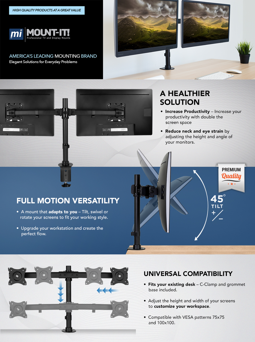 Mount-It! Dual Monitor Desk Mount | Fits 17-27 Inch Screens | Height Adjustable