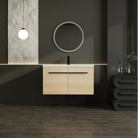 36 Inch Bathroom Vanity with Resin Countertop Sink, 2 Doors Bathroom Cabinet Set, Oak