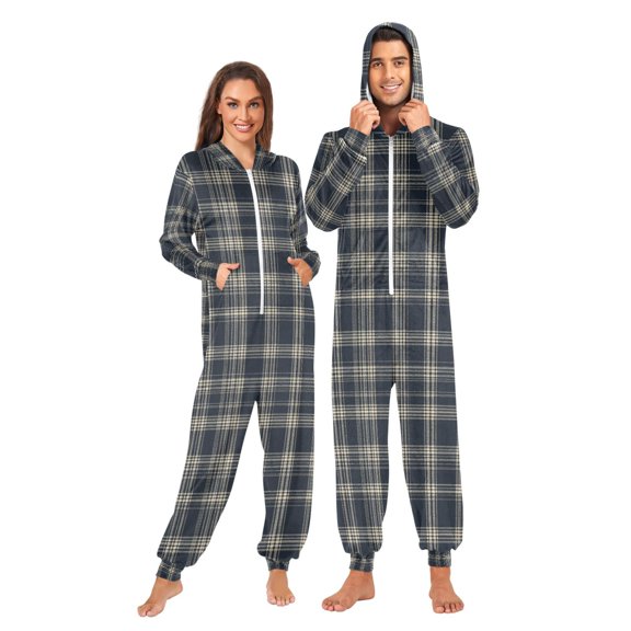 Adult Christmas Onesie Blue Plaid Adult Zipper One-Piece Pajamas Unisex Pajamas with Pockets