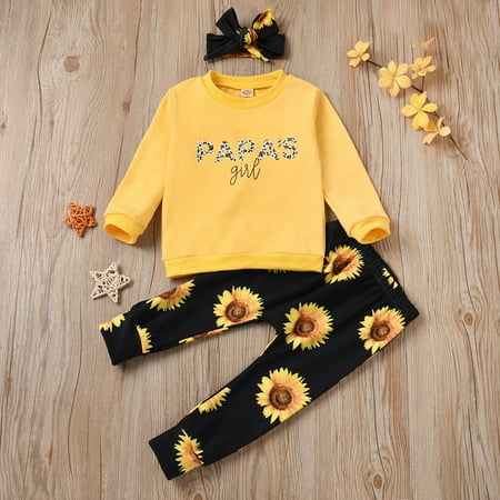 

Augper Baby Girl Clothes Long Sleeve Fall Winter Clearance Newborn Baby Long Sleeve Letter Print Tops Sunflower Pants Headband Outfits Yellow