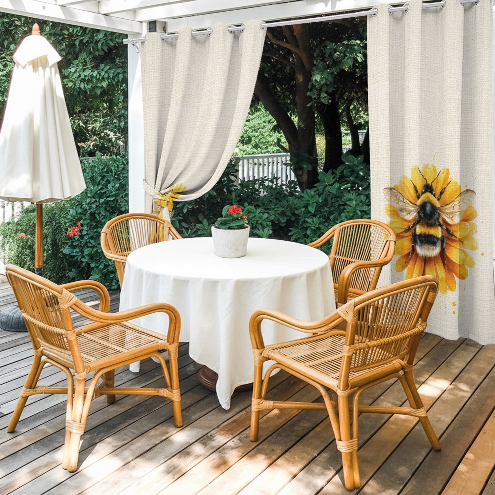 Yellow Flower Outdoor Curtains for Patio, Summer Bee Farmhouse Vintage Daisy Sunshade Privacy Drapes Grommet Waterproof Outside Curtains for Porch/Cabana/Balcony 54"x 108", 1 Panel