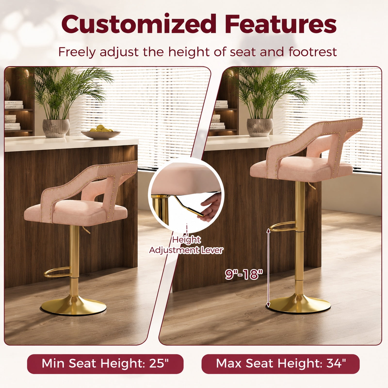Furnibear Set of 2 Bar Chairs with Footrest and 2-Layer Electroplated Metal Base for Kitchen Island Counter Bar Pub Dining Home, Pink