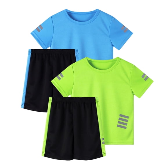 Vornjynx Boys Athletic Sets, Short Sleeve Quick Dry T-Shirt and Shorts 4 Piece Summer Performance Activewear Outfits Dark Blue Size 7-8