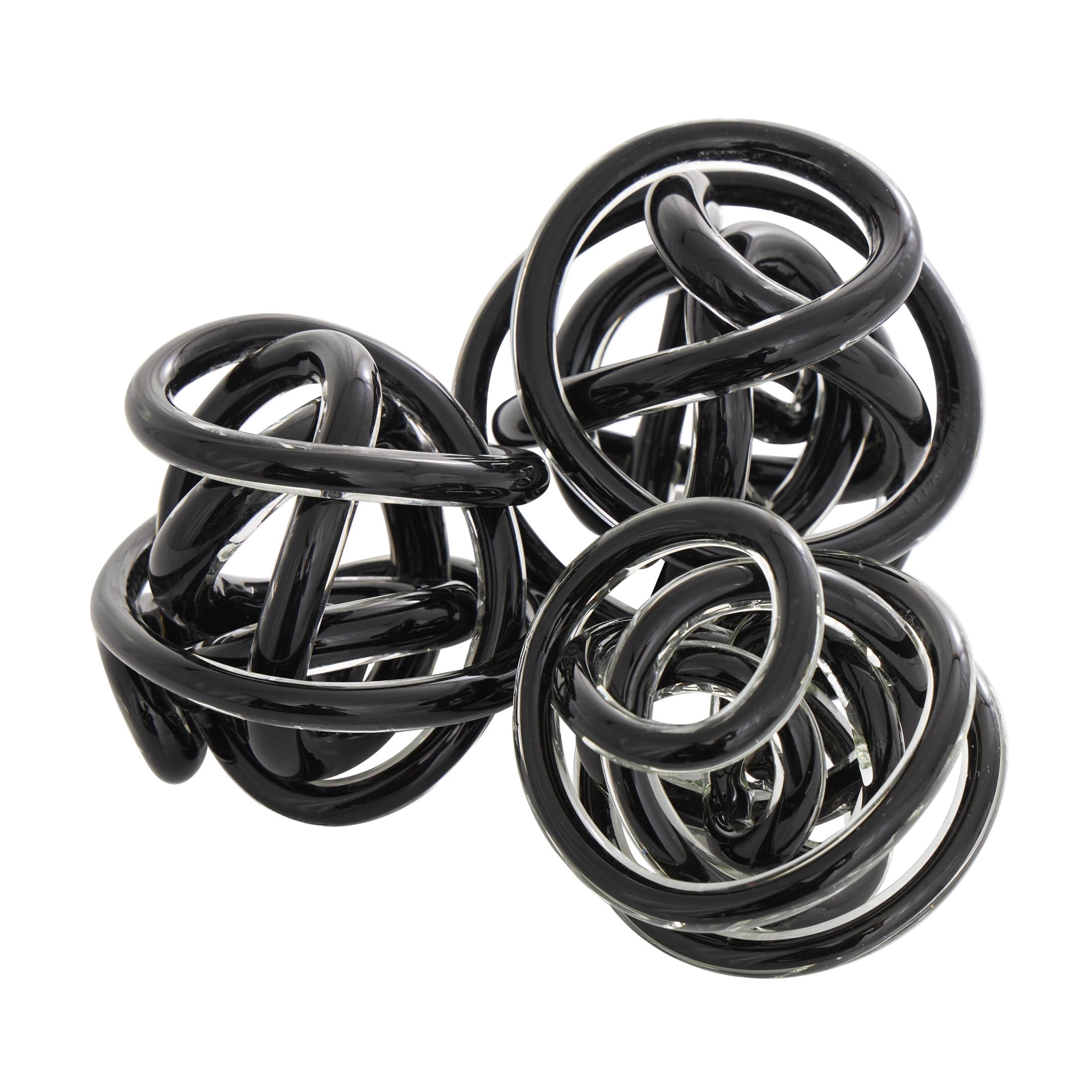 5", 4", 4"W Black Glass Handmade Knotted Ball Knot Sculpture, by DecMode (3 Count)