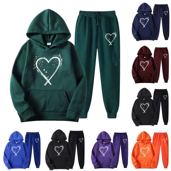 mihongmao Womens 2 Piece Outfits Gym Sets Women's Valentine's Day Print Fall/Winter Hoodie Sweatpants Long Sleeve Hoodie Set Suits Navy L