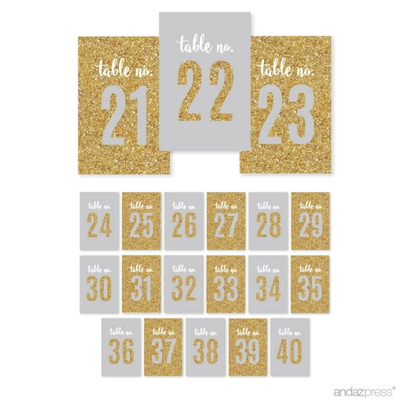Signature Light Gray, White, Gold Glittering, Table Numbers 21-40, 4x6-inch