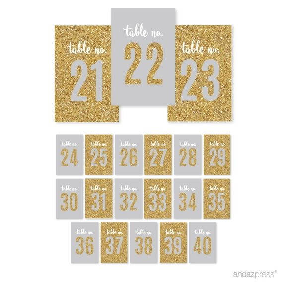 Signature Light Gray, White, Gold Glittering, Table Numbers 21-40, 4x6-inch