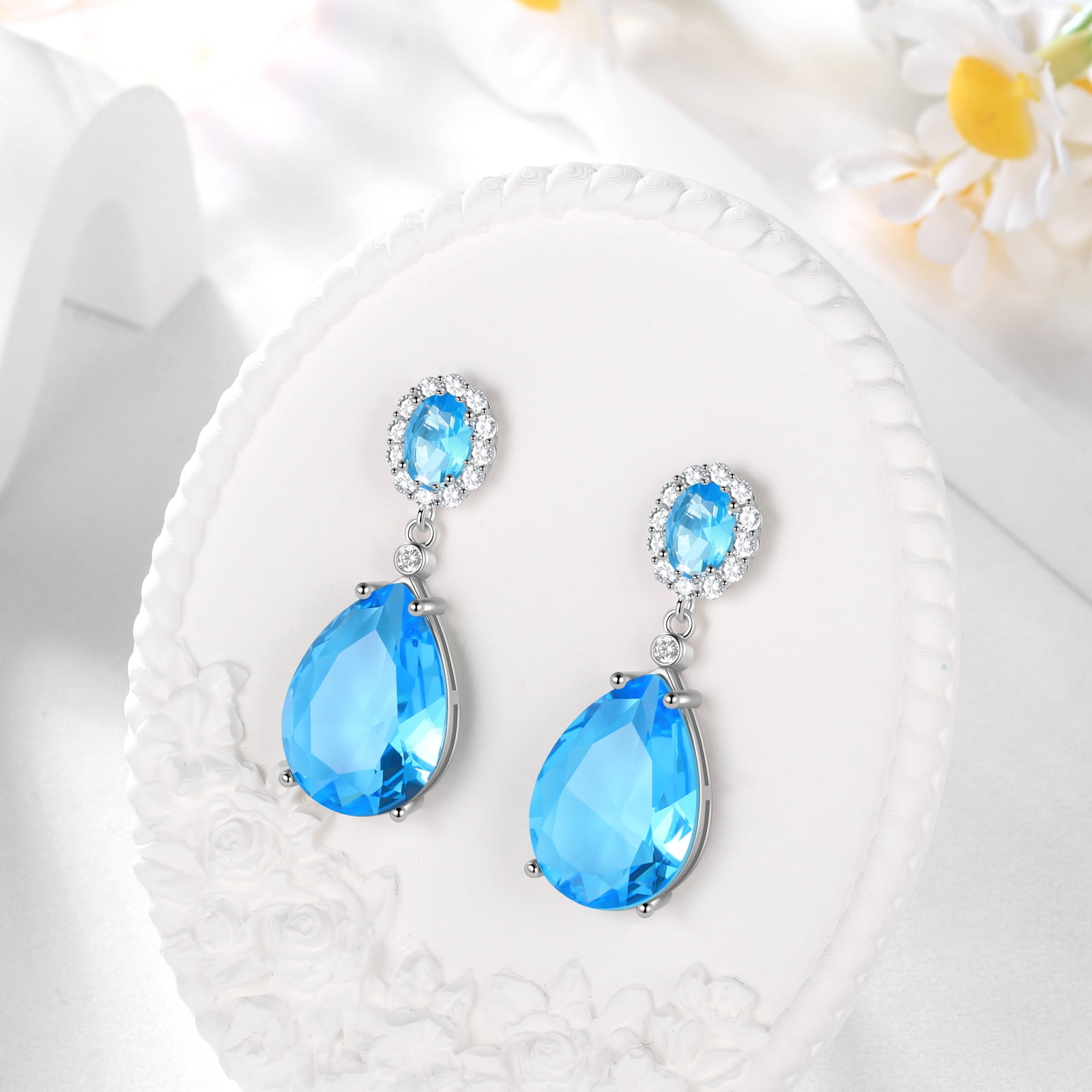 Juwaliy 10Ct Teardrop Dangle Earrings Women Blue Topaz March Birthstone Aquamarine Jewelry 925 Sterling Silver Birthday Mother's Day Gifts