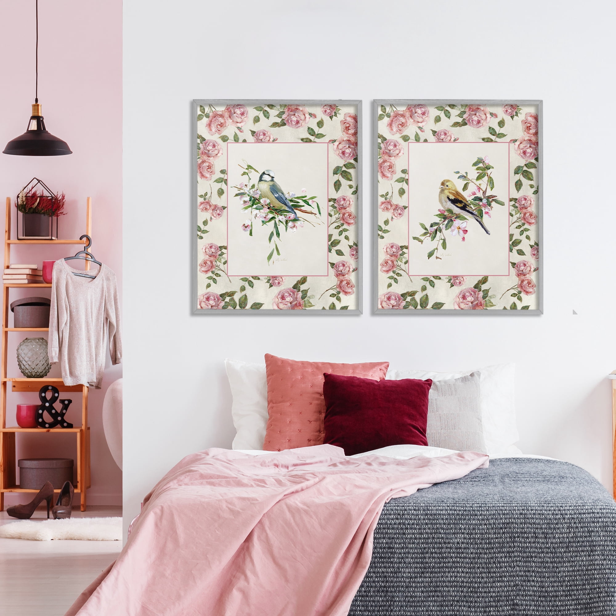 Stupell Industries Dainty Roses & Birds 2 Piece Gray Framed Giclee Art Set, design by Sally Swatland