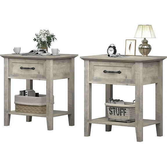 Amyove Square Nightstand, Bedside Table End Table for Bedroom Nursery Living Room, End Table with Storage Drawer, Easy Assembly, 2pcs-Grey