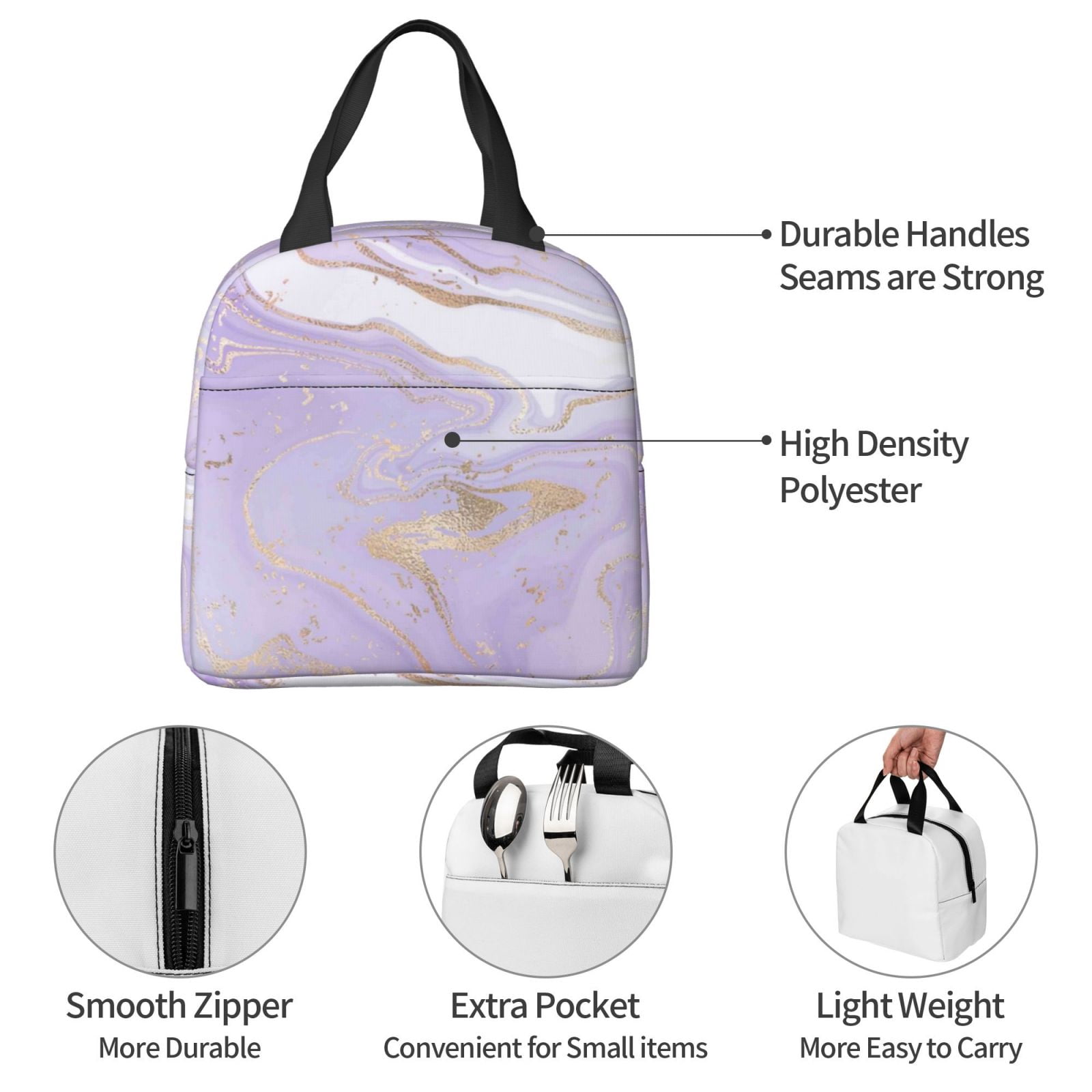 Ratiio Lavender Glitter Foil Stripes Print Lunch Bag Lunch Box Insulated Lunch Bag Adult Lunch Box for Men and Women