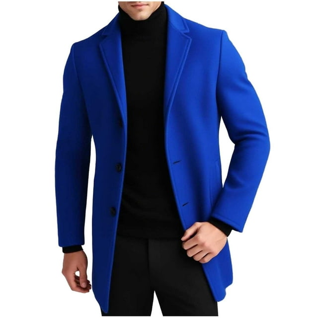 aohooy Men's Single Breasted Mid Length Trench Coat - Woolen Business Winter Overcoat Blue,M
