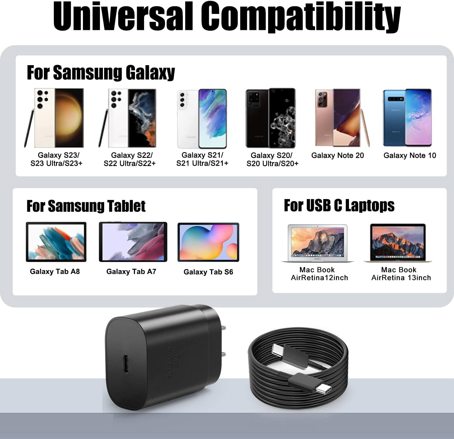Type C Charger Fast Charging for Nokia 3.4 - 3 PACK 25W Super Fast Charger Block with 6.6FT USB C Charger Cable - Black