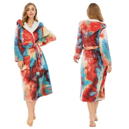 

Jiyugala Sleepwear For Women Women Colorful Tie-Dye Coral Fleece Double Pockets Thick Loose Hooded Home Robe