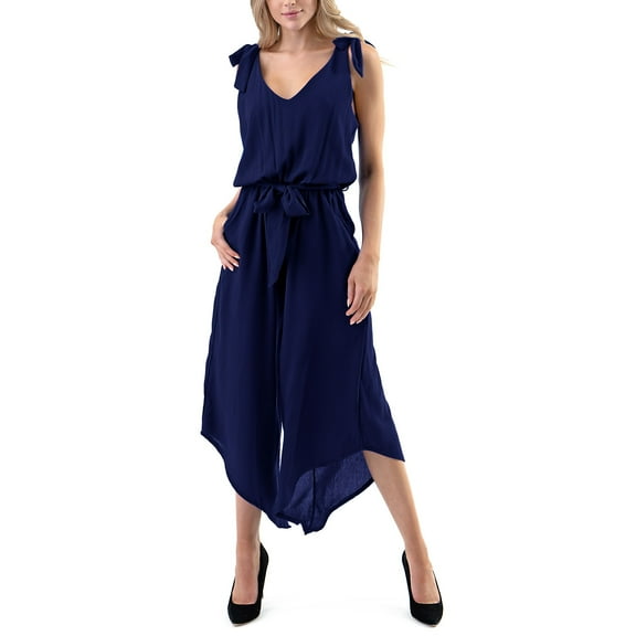 Fashionazzle Women's Outfit Sleeveless Shoulder Bandage Waistband Sexy V-Neck Wide Leg Long Jumpsuit with Belt
