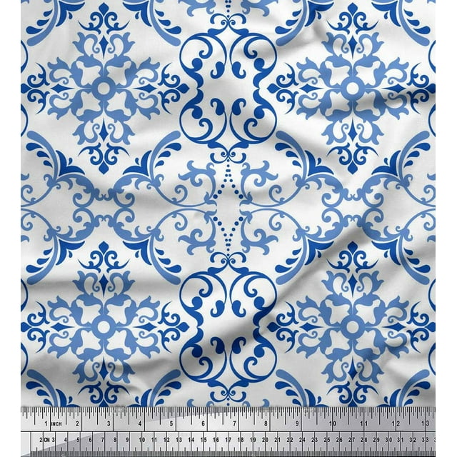 Soimoi White Cotton Cambric Fabric Vector Design Damask Fabric Prints By Yard 58 Inch Wide