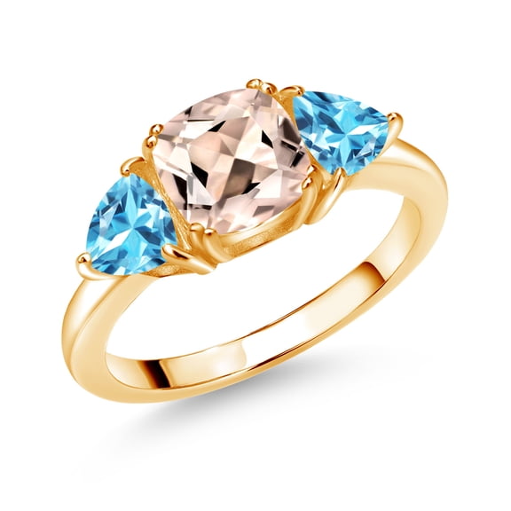 Gem Stone King 18K Yellow Gold Plated Silver Peach Morganite and Swiss Blue Topaz 3 Stone Engagement Ring for Women (2.46 Cttw, Gemstone October Birthstone, Size 6)