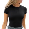 thumbnail image 1 of Yuyuzo Sortant Tops pour les Femmes en Tricot Côtelé Chemises à Manches Courtes Col Rond Slim Stretchy T-Shirts de Base, 1 of 6